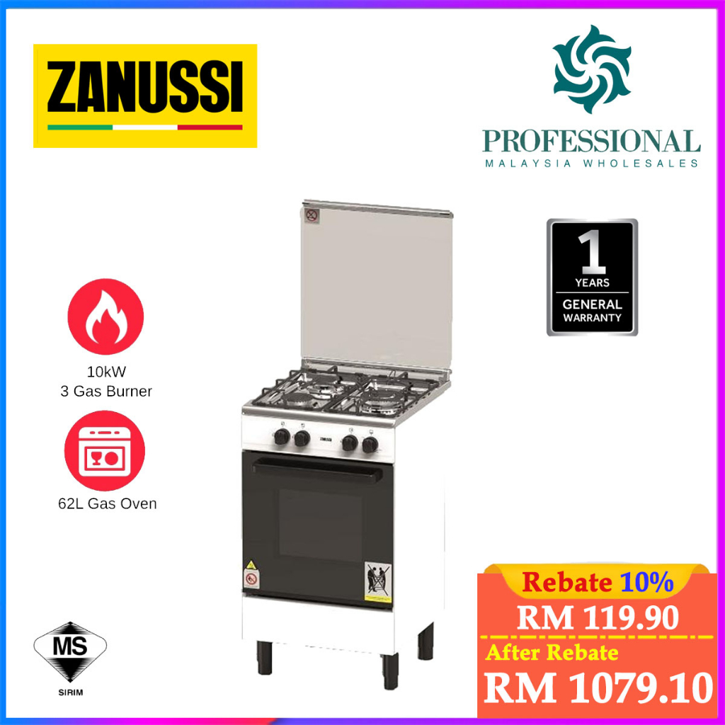 Zanussi ZCG530W (Dapur Gas Cooker Ketuhar) | Freestanding Cooker 3 Gas Burner & 62L Gas Oven Cooker