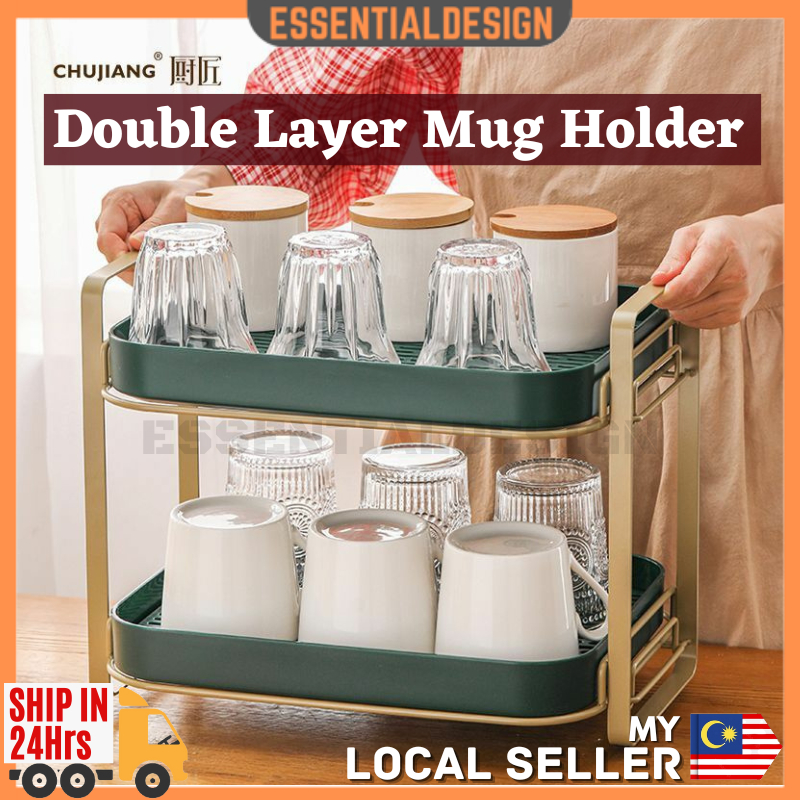 24HRS SHIP Kitchen Mug Holder Cup Organizer Storage Rack Double Layer Rak Dapur Cawan Tea Tray Glass Cup Drainer Rack