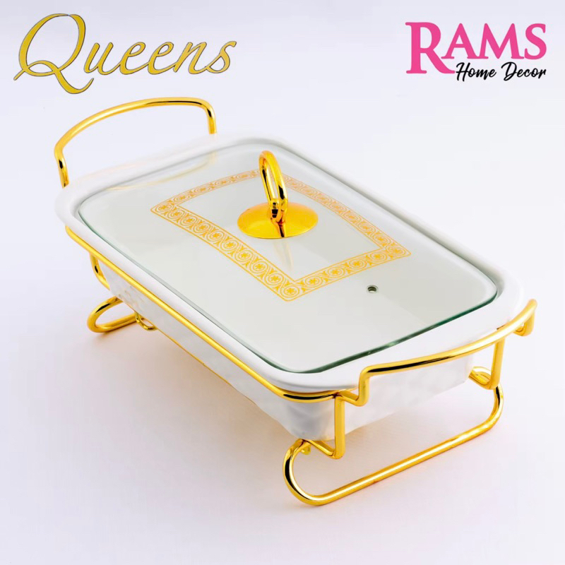 HOT🔥QUEENS 1.5L/3.5L PREMIUM PORCELAIN CHAFING DISH WITH METAL RACK/FOOD WARMER GOLD/BUFFET SET GOLD