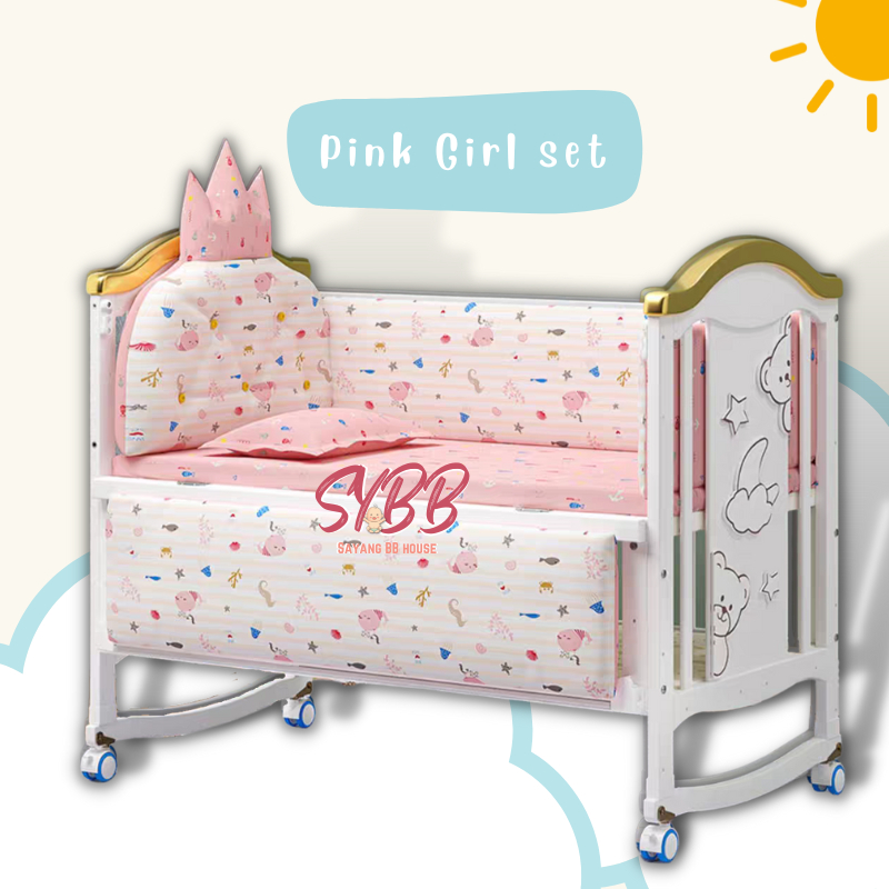 Luxury Golden White Multifunction baby crib Newborn Natural wooden cot Baby Crib kids toddler