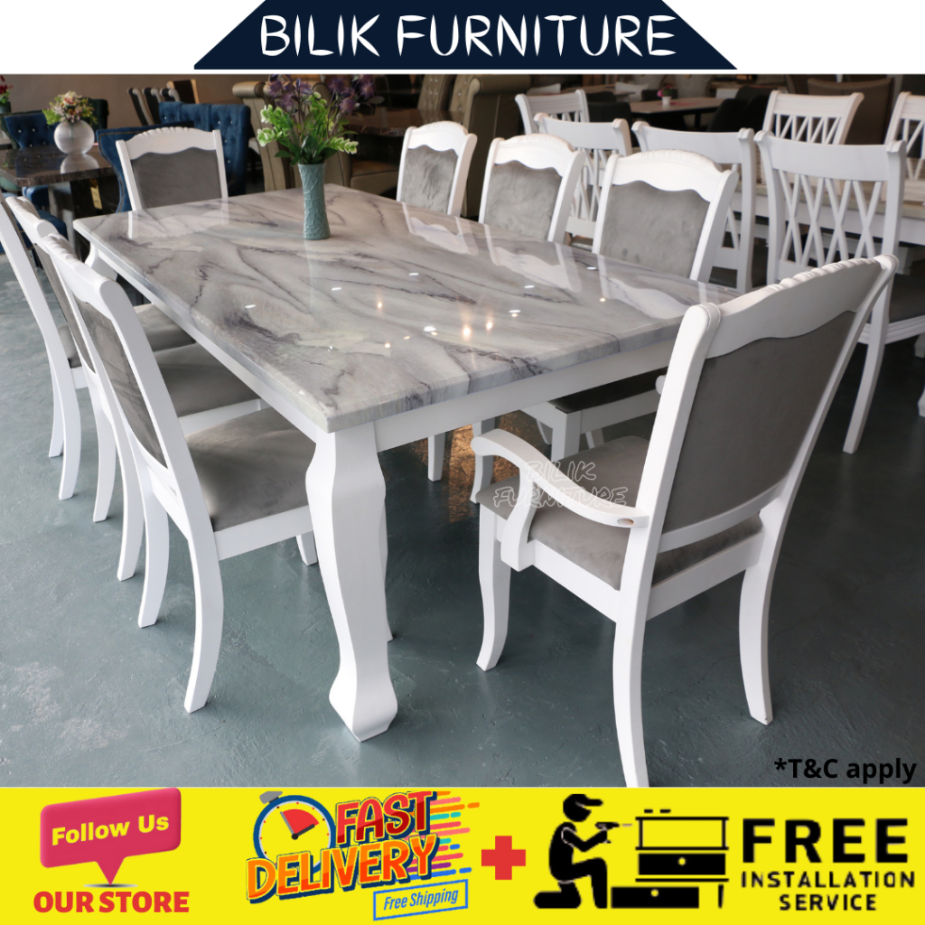  Free Intsall- Dining Set | Marble Table | 1+8 | 1 Meja 8 Kerusi | Set meja makan 8 kerusi | Brawn & White