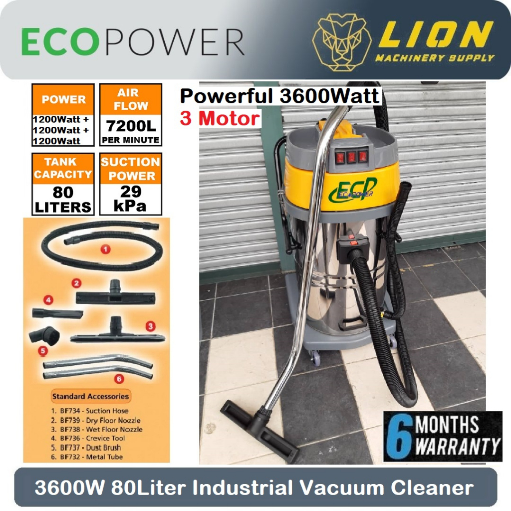 ECOPOWER 3600W 80Liter 3-Motor Industrial Vacuum Cleaner GW-080 - Heavy Duty - 6 Months Local Warranty -