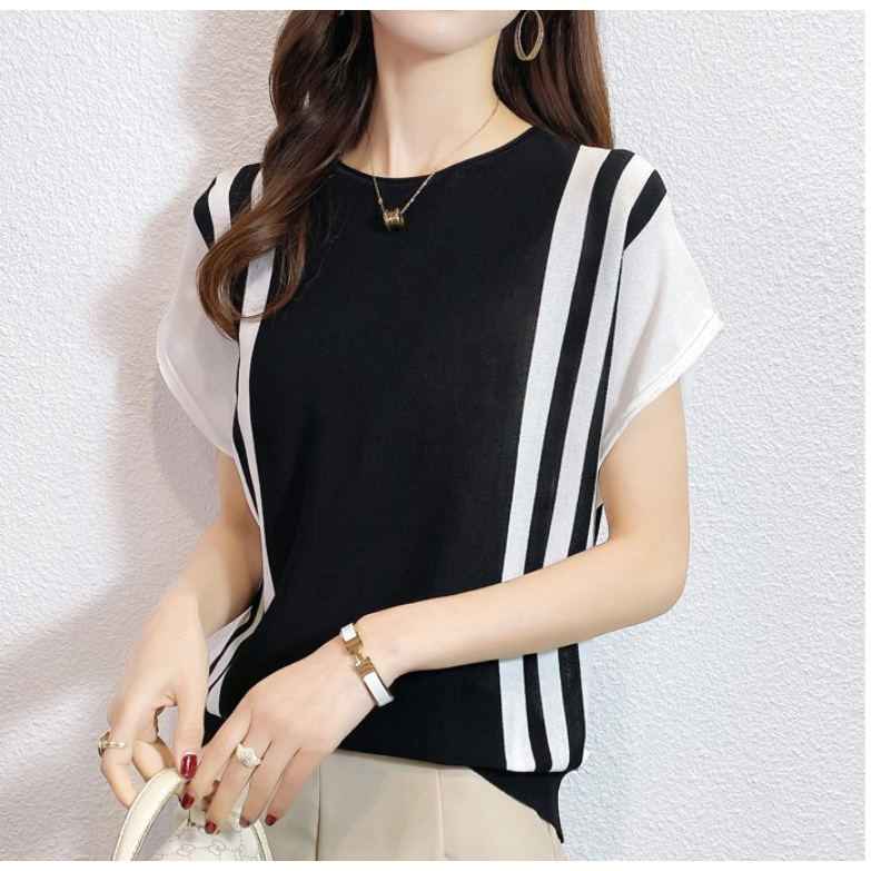 SK4319 -Fesyen Baju Siap Stok Malaysia. Ready Stock Knitted Material Women Top Knitwear条纹短袖冰爽丝针织衫薄