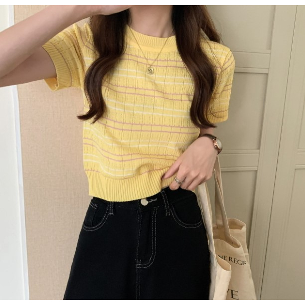 SA6867 -Fesyen Baju Siap Stok Malaysia. Ready Stock Knitted Material Women Top Knitwear条纹短袖针织