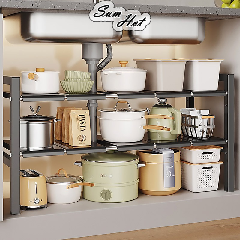 Expandable Under Sink Organizer Rack Kitchen Storage Shelf Rak Serbaguna Dapur Bawah Sinki