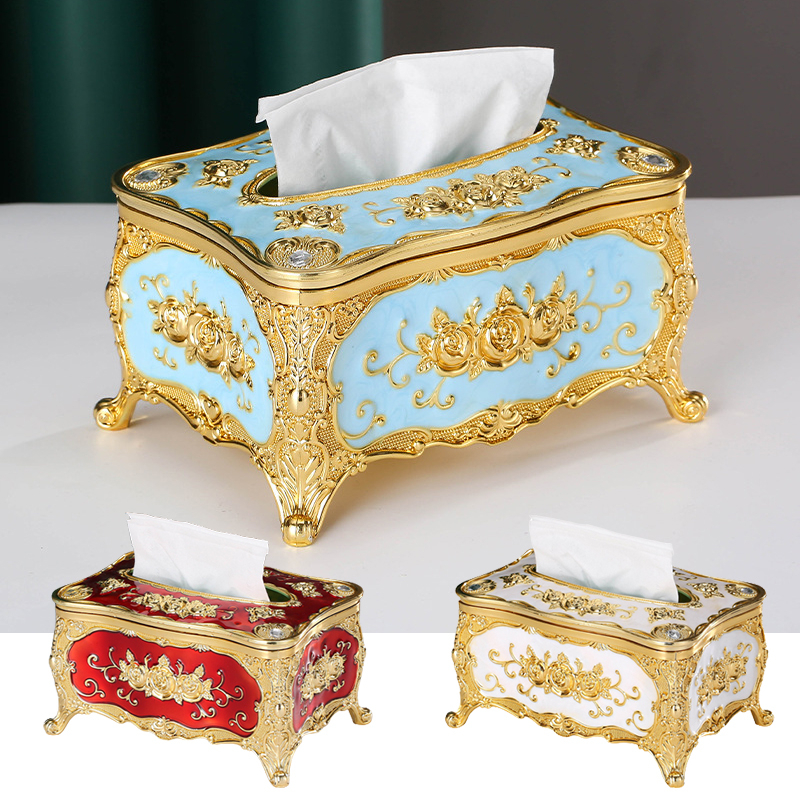 Nordic Style Tissue Box Acrylic Luxury Tissue Holders Restaurant Table Tissue Box Golden Rose Print Home Decorations Car Vehicle Tissue Container Solid Box for Wet Wipe Face Towel