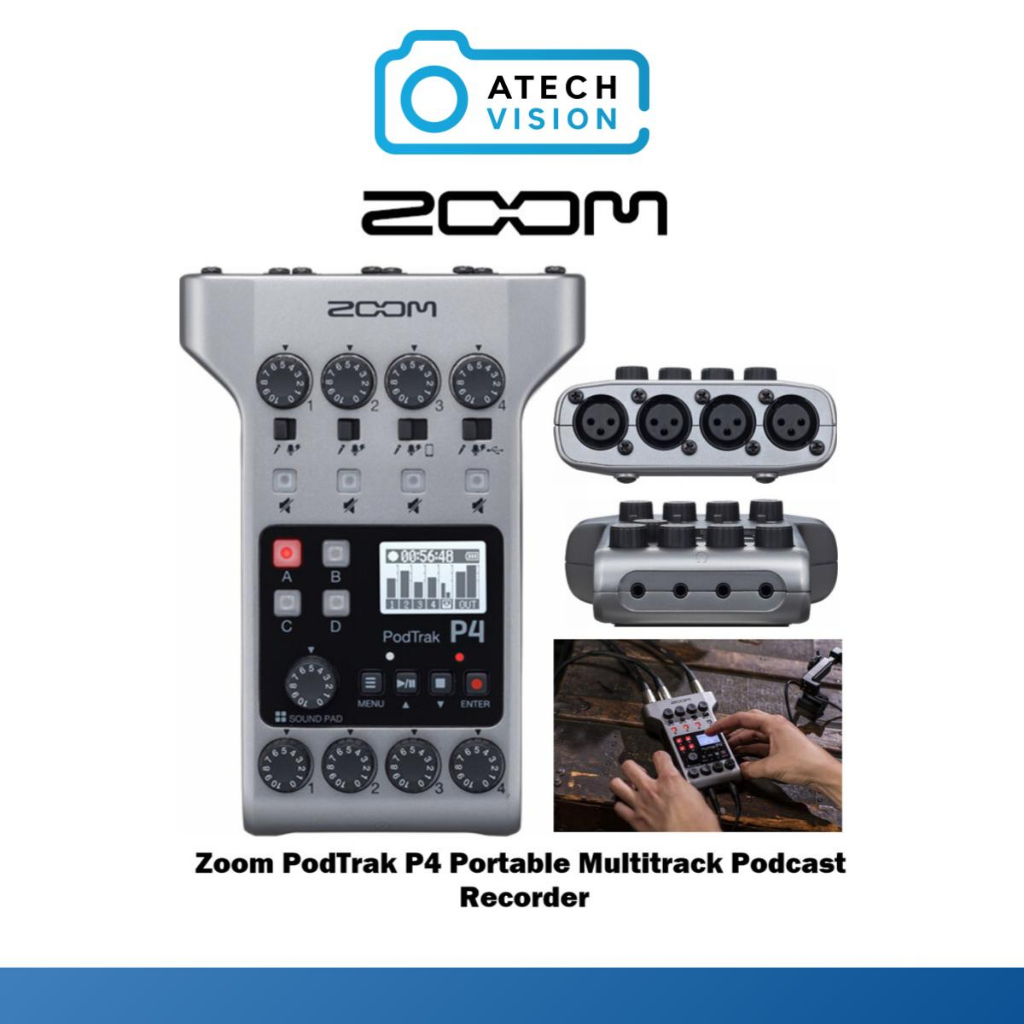 Zoom PodTrak P4 Podcast Recorder, Battery Powered, 4 Microphone Inputs, 4 Headphone Outputs, Phone and USB Input