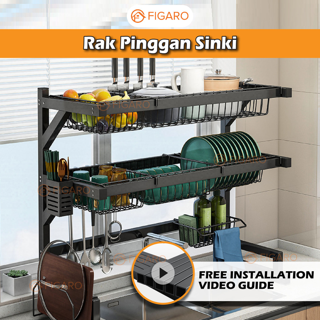 FIGARO Rak Pinggan Mangkuk Sinki Dapur Kitchen Dish Drainer Drying Rack Sink Rack Pinggang Stainless Steel Organizer 沥水架