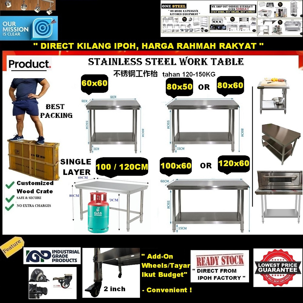 MEJA BUDGET STAINLESS STEEL 60,80 & 100CM WORK TABLE WORK BENCH/经济不锈钢双层厨房工作枱/MEJA KERJA DAPUR RESTAURANT/MEJA KITCHEN