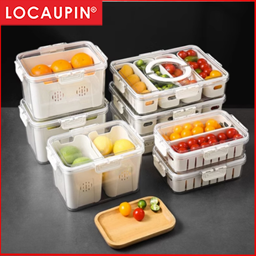 Locaupin Food Storage Containers Stackable Refrigerator Organizer Bins with Lids with Removable Compartment Basket