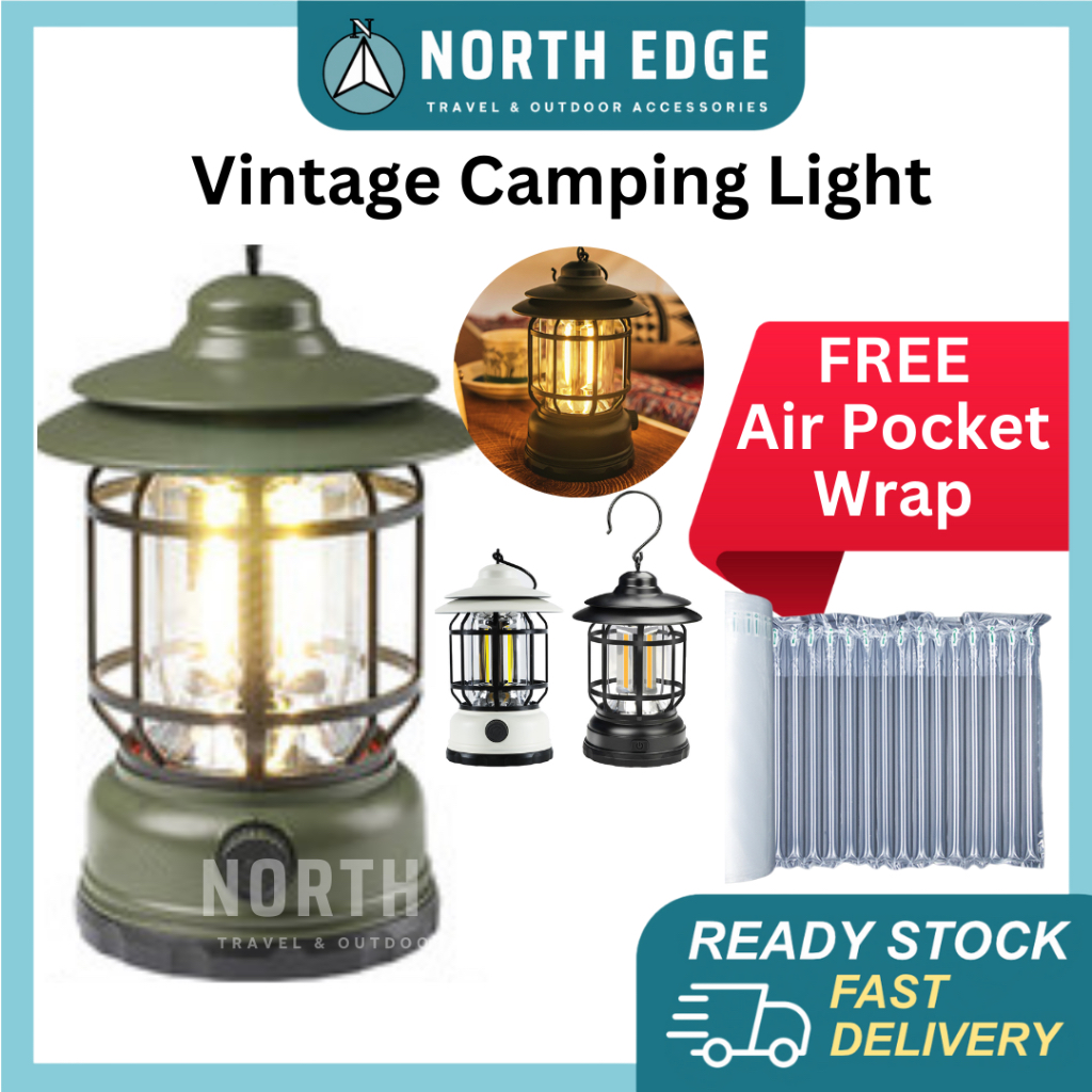 【READY STOCK】Camping LED Vintage Lantern Light Hanging Lamp Hiking High Brightness USB Recharge AA Battery Lampu Khemah