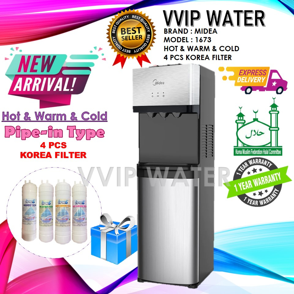 Midea Mild Alkaline Floor Standing Water Dispenser Hot Normal Cold Model: 1673 2037S With 4 Korea Water Filter - SIRIM