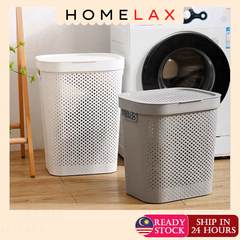 HLReady Stock 45L/60L Laundry Basket Dirty Clothes Basket with Cover Japanese Style Basket Baju Kotor