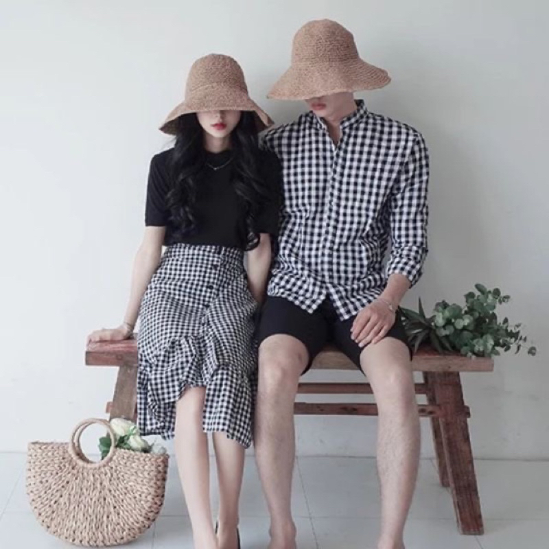 Ready stock ?OOTD Dating Set情侣装同色系列Couple Wear情侣套装=格子衬衫+半身裙100% cotton Plus Size Long Sleeve Blouse