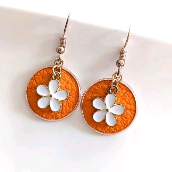 Handcrafted / Handmade Leather Earrings - Orange Blossom - Korean Style ️ ️