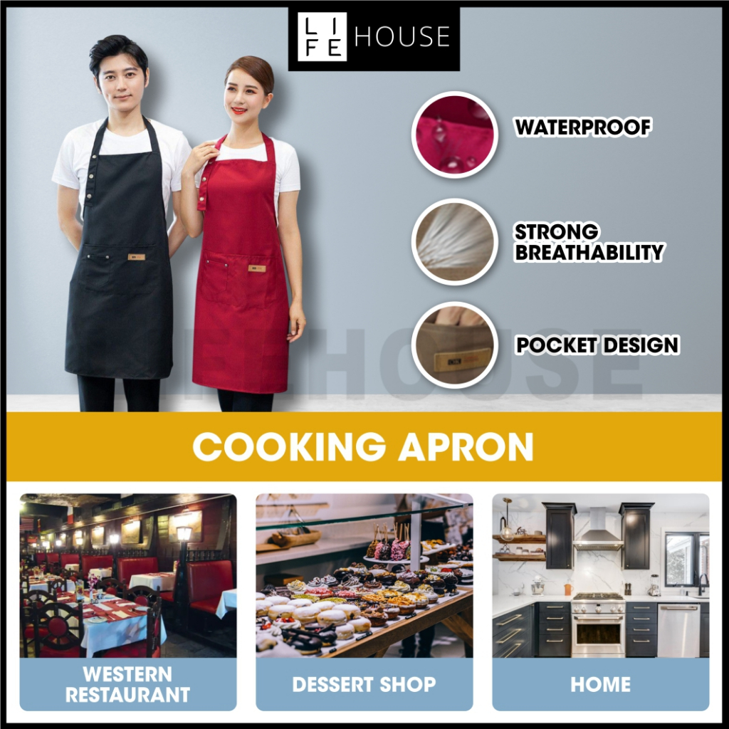 Hang Neck Apron Kitchen Waterproof Coffee Shop Fashion Apron Cotton Barista Apron Murah Black Chef Cooking Apron Adult圍裙