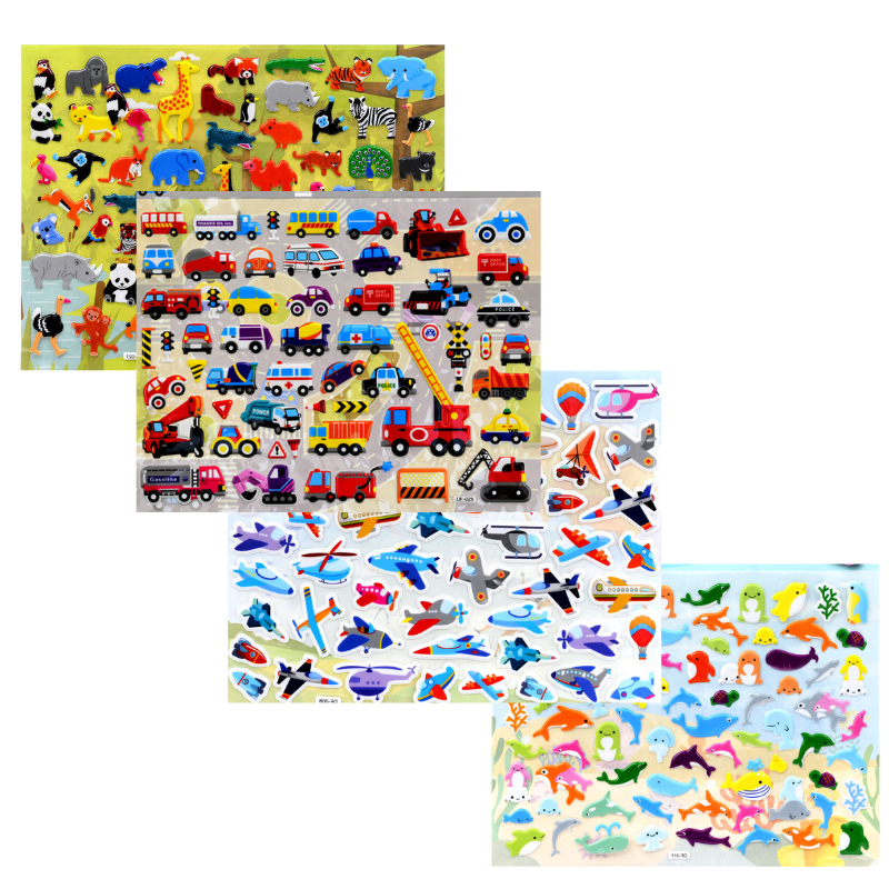 Set Pelekat Stiker Comel Kids 3D Cartoon Vehicles Cars Train Plane Firetruck Sea Animals Dinosaur Foam PVC Stickers