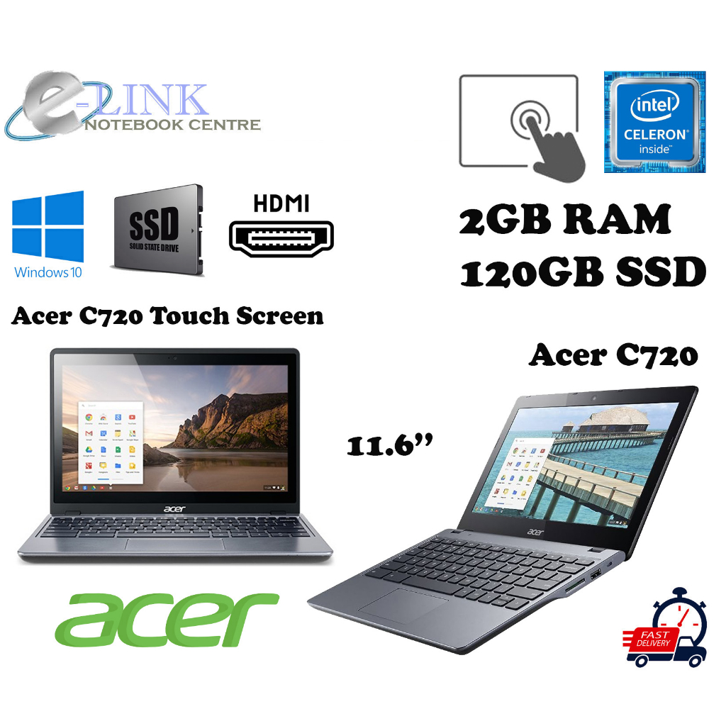 ( Acer C740 / C720 Windows 10 Laptop ) Acer Intel Celeron Dual Core 120GB SSD / 2GB / 4GB DDR3 RAM / 11.6 Screen / HDMI