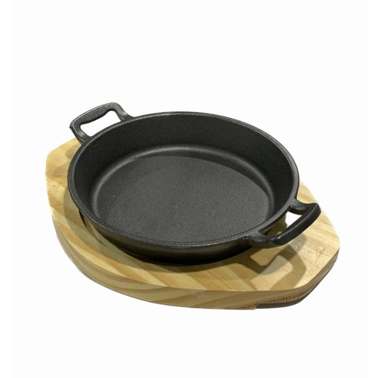 Natural Pre-seasoned Double Ear Cast Iron Grill Pan Skillet Kuali Burger Non Stick Fry Chemical Free BBQ w/ Wooden Board