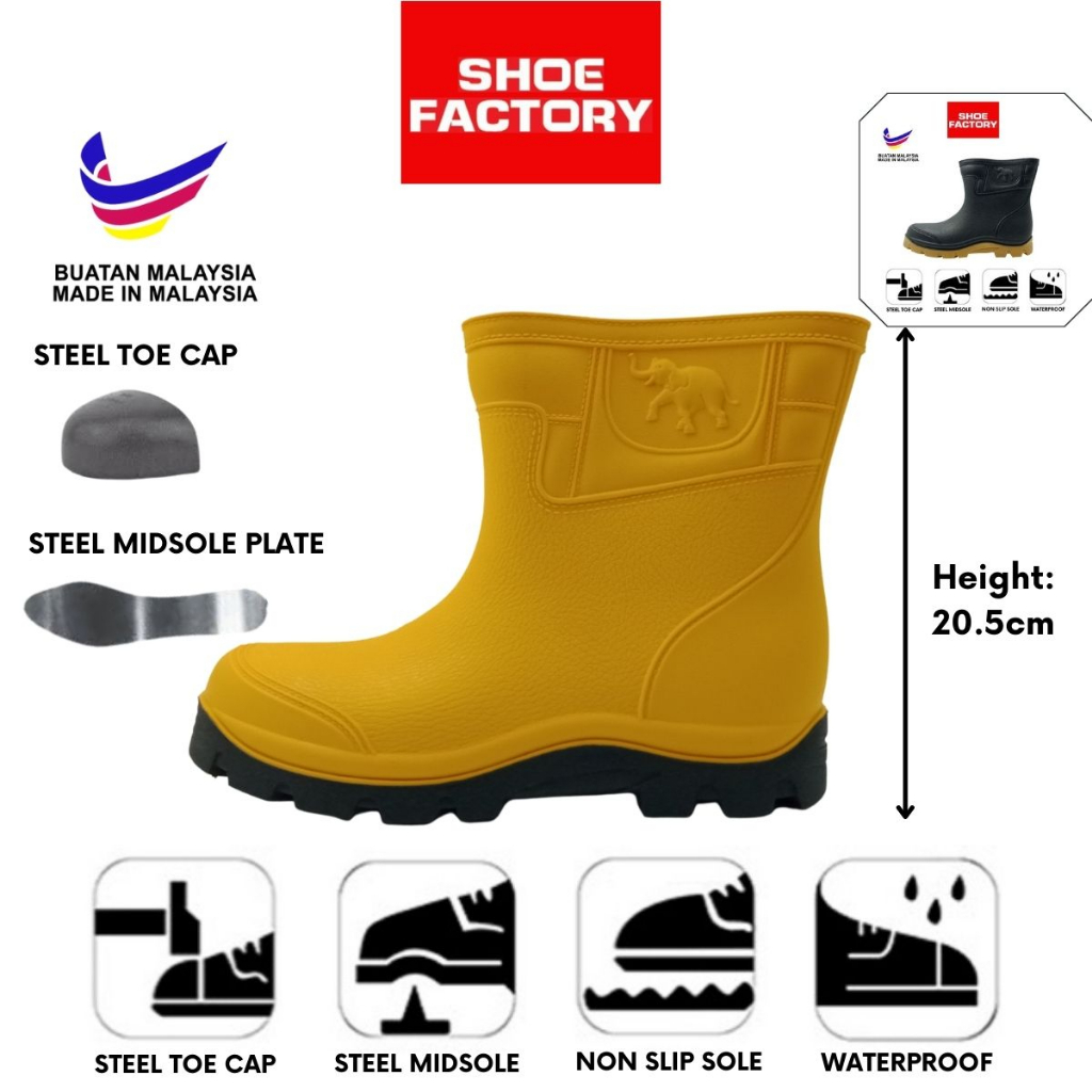 Gajah King Low Cut Safety Rain Boots Steel Toe Cap and Steel Midsole Kasut Getah Besi Size 39-44 From Shoe Factory Malay