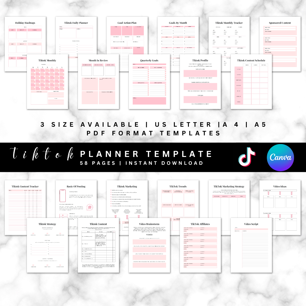 58 Pages Tiktok Planner | Tiktok Tracker Printable | Content Planner | Tiktok Marketing Trends Plan | Digital Planner