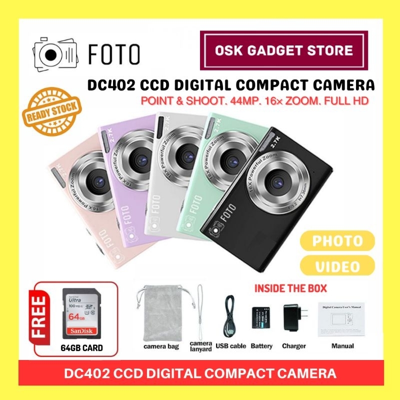 Foto DC402 CCD Camera Digital Compact Camera | Free 64GB Card | Up To 44MP Photo & Full HD Video |