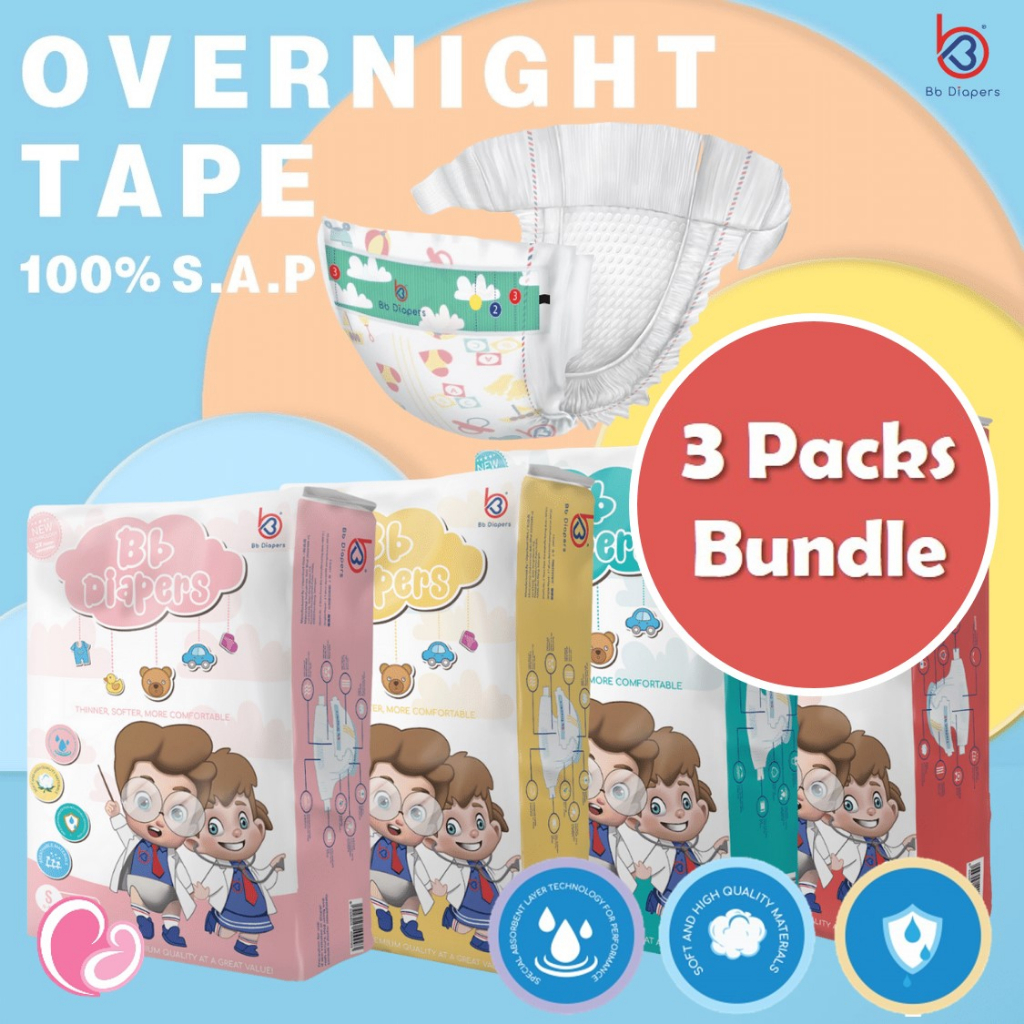 Bb Diapers Premium Quality Tape Baby Diapers (size S/ M/ L/ XL)- 3 Packs Bundle | Lampin Pakai Buang Kualiti