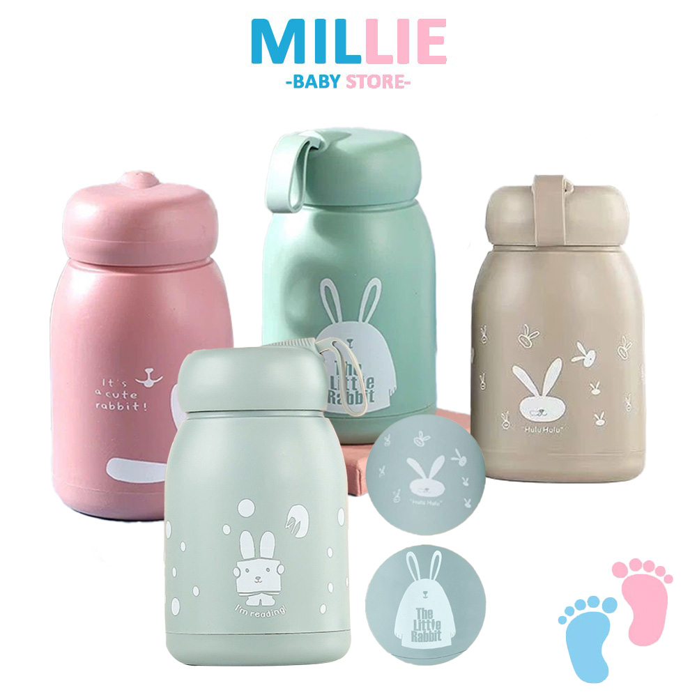 MILLIE Botol Kaca Kids Portable Tumbler Mug Cartoon Rabbit Design 330ml Cartoon Glass Bottle Water Bottle Travel Use