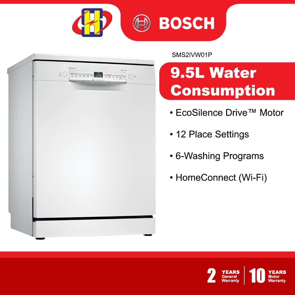 Bosch Dishwasher (9.5L) EcoSilence Drive 12-Place Setting 6-Washing Program Freestanding SMS2IVW01P