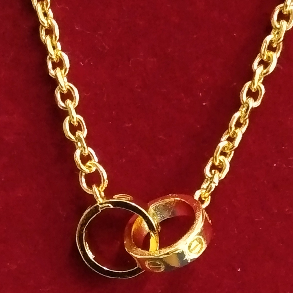 45cm Anchor Chain With Double Ring Pendant 24K Gold Plated Necklace