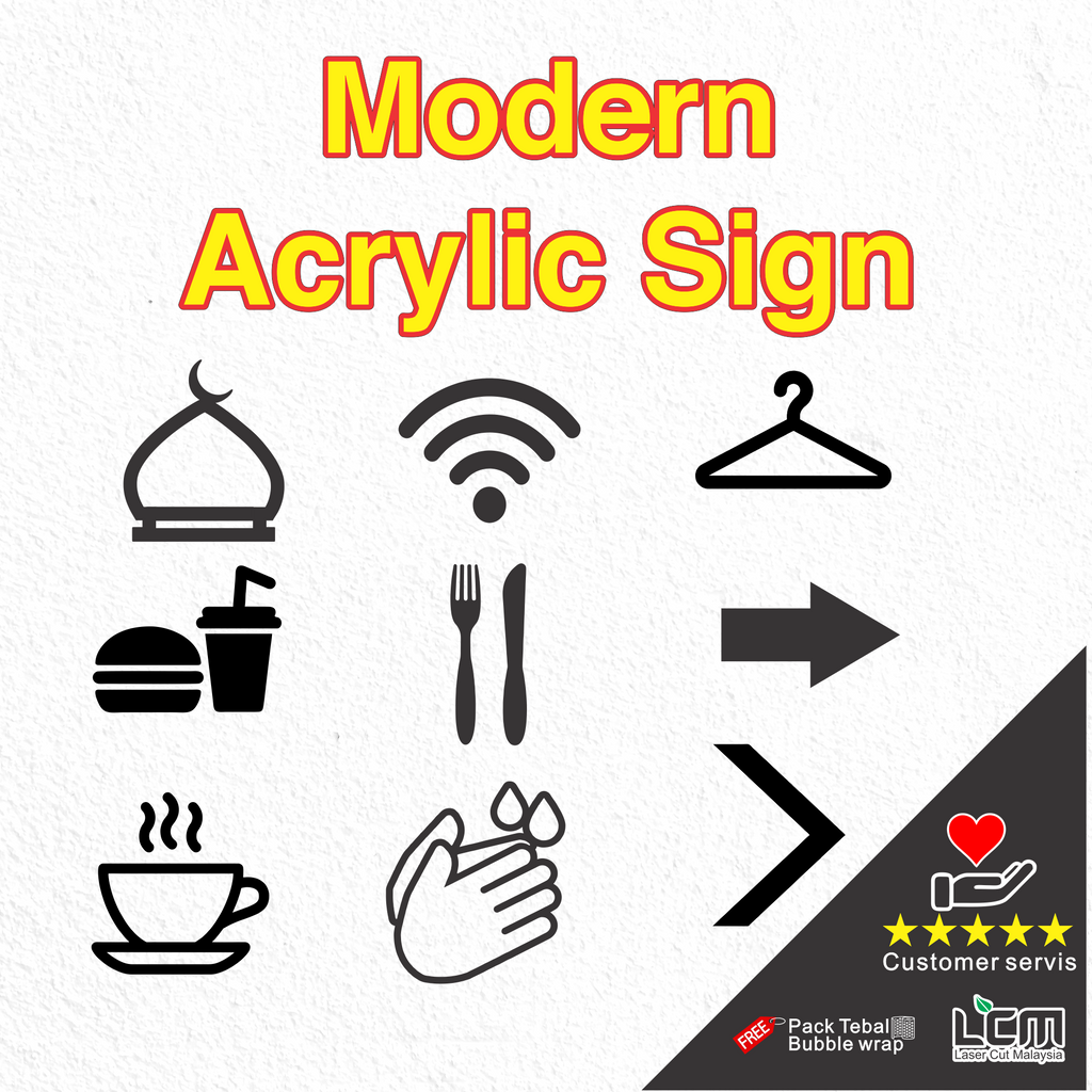 LCM Modern Acrylic Sign Surau Wifi Wash Hand Hanger Arrow Hot Coffee Sign Minimalist toilet signage