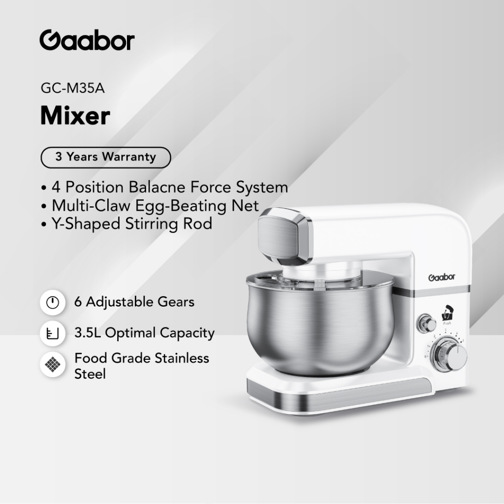 Gaabor 6 Speeds Stand Mixer Heavy Duty Electric Kitchen Mixer with Beater Whisk Dough Hook Scraper Splash Guard GC-M35A