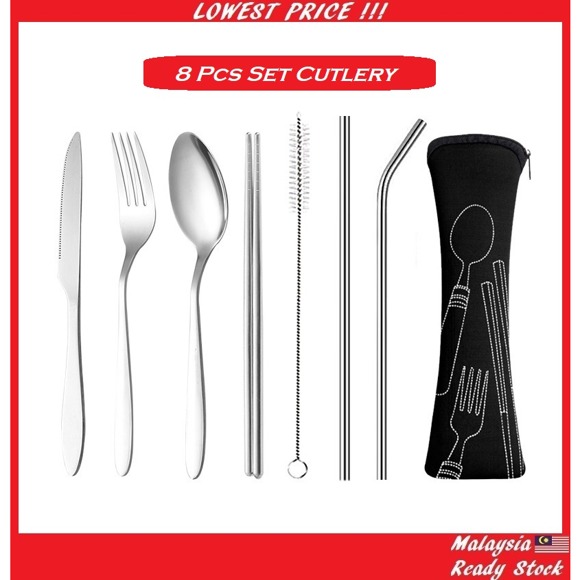 8pcs/Set Stainless steel Portable Tableware Utensil Set Cutlery Sudu With Case Pouch / Set Peralatan Makanan