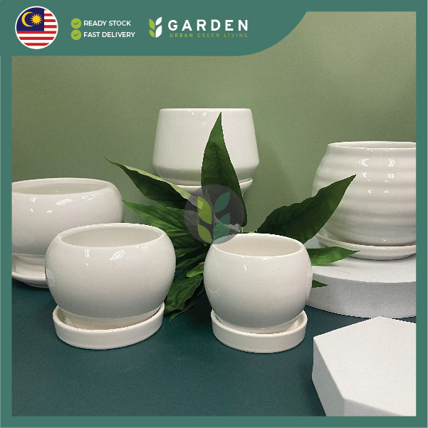 Simplified Style White Flower Pot Creative Pattern Indoor Ceramic Pot Set Saucer Vase Plant Pasu Bunga Seramik 花盆