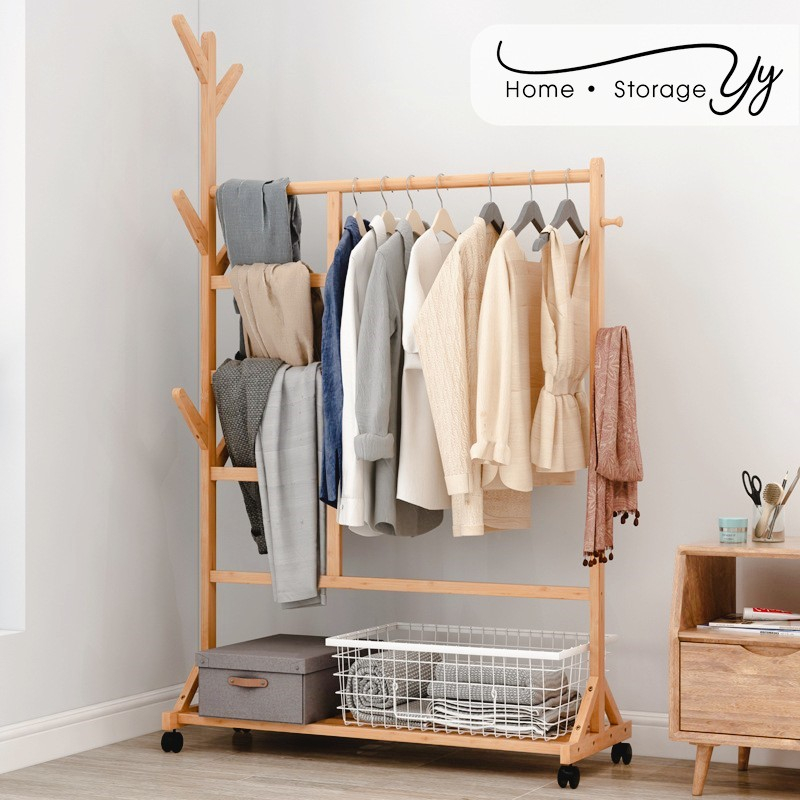 Johor Seller | Solid Bamboo floor clothing rack wheels hat rack bedroom furniture Simple hanger