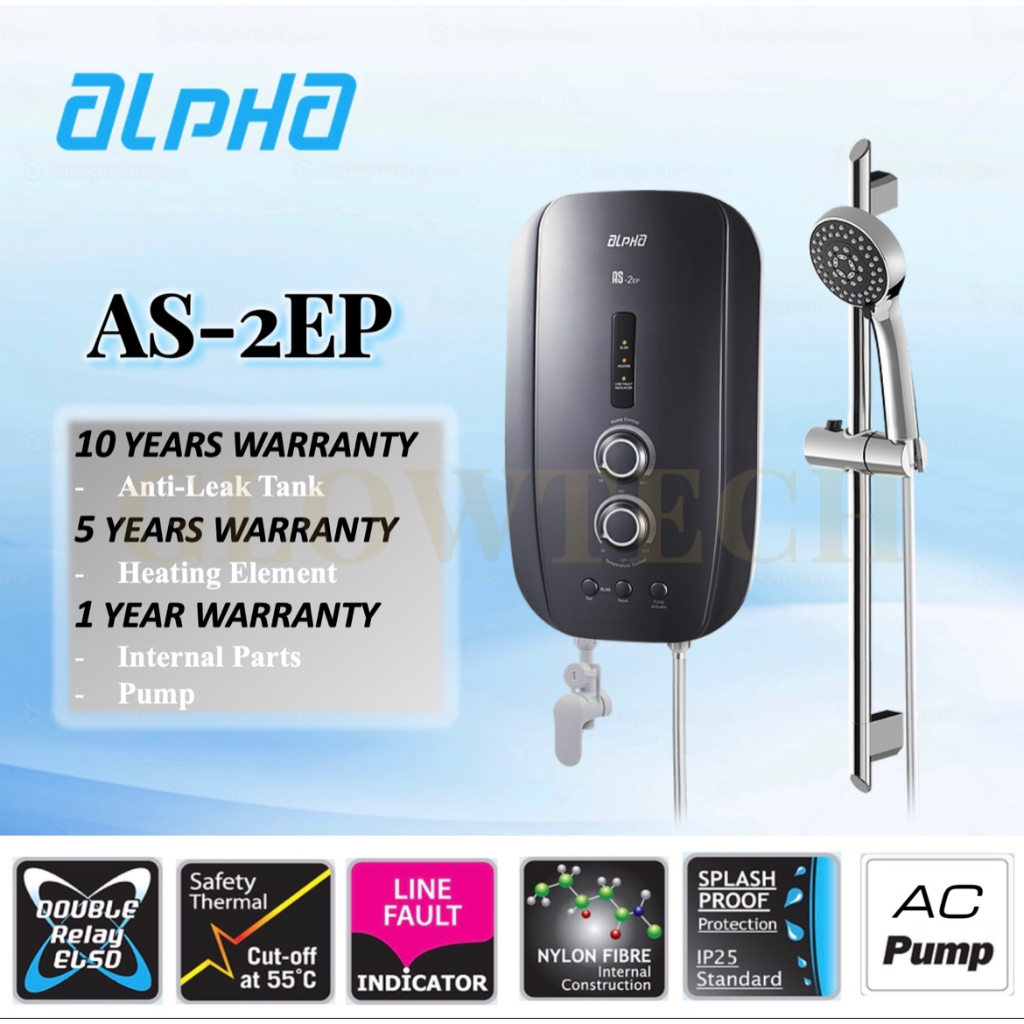 ALPHA AS-2EP Instant Water Heater AC Pump (Low Noise) Metal Black 10 Years Warranty