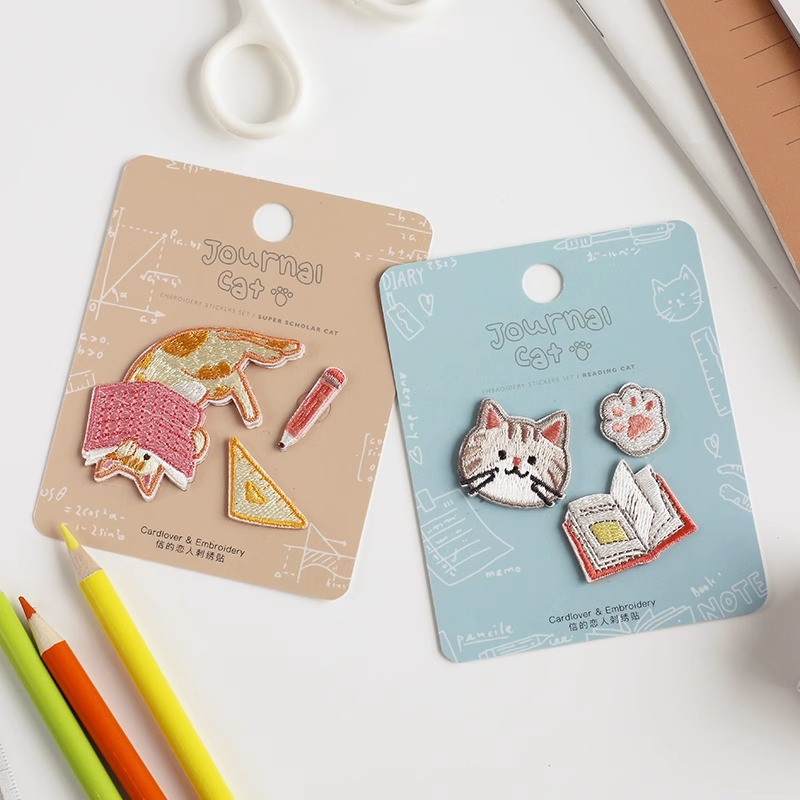 Journal Cat Book Travel Art Set DIY Self Adhesive Iron on Sew on Embroidered Patches