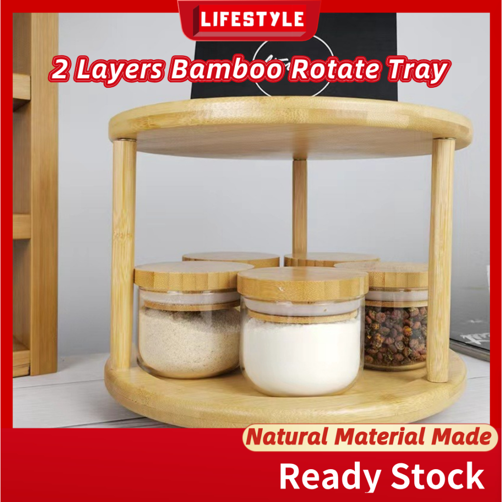 LIFESTYLE [Good Quality] 2 Tier Wooden Bamboo Rotate Turnable Wood Tray Spice Rack Kitchen Cabinet Desktop Organizer