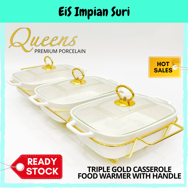 (Ready Stock!!) Queens Rectangle Triple Porcelain 3pcs 11.5" Food Warmer with Metal Rack-Gold Bekas Lauk