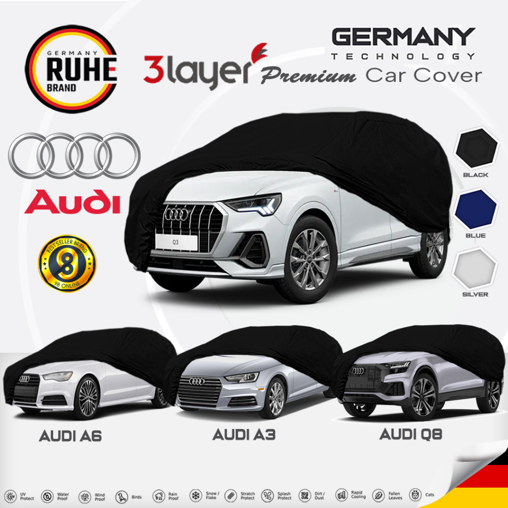 RUHE Audi Car Cover Outdoor Protection Waterproof Water Resistant Rain Dust Kain Tutup Selimut Penutup Kereta 汽車遮陽