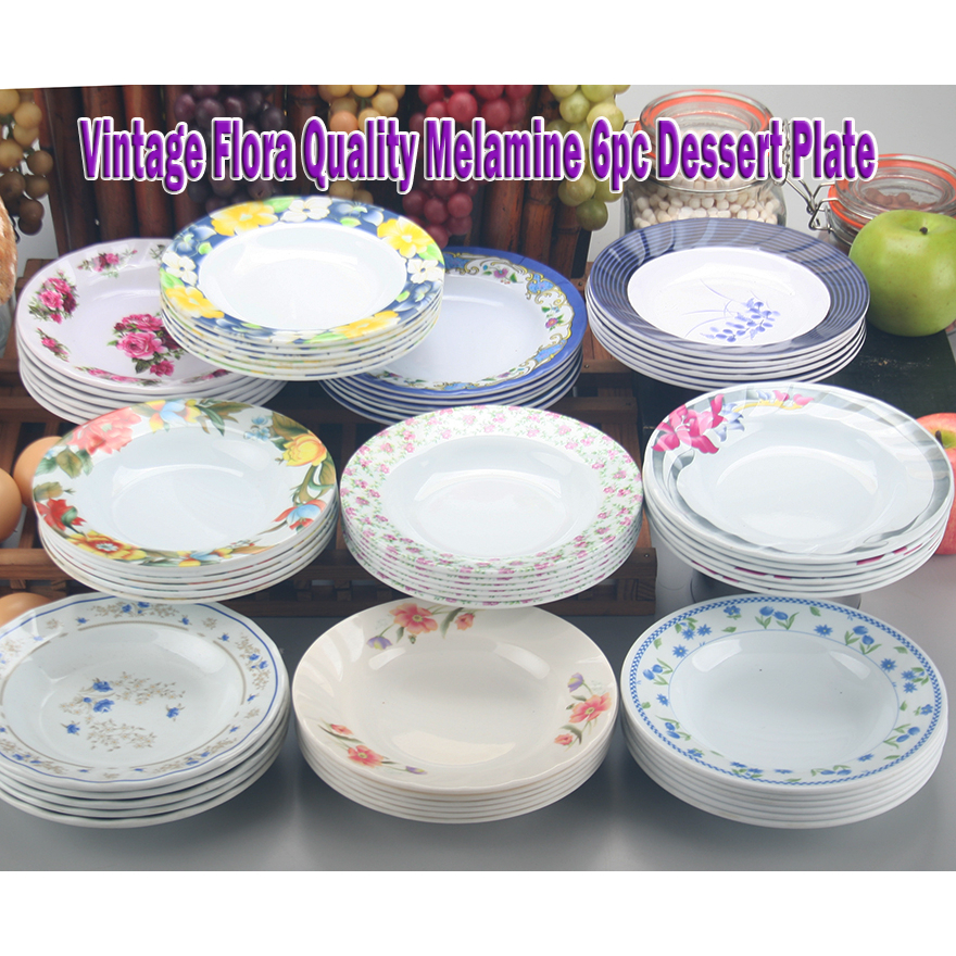 6 PC 7" QUALITY MELAMINE VINTAGE FLORA DESSERT PLATE SET SE61856