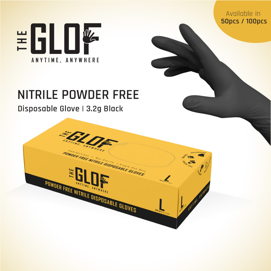 [50pcs or 100pcs/box] THE GLOF Black Nitrile Disposable Glove, Powder Free