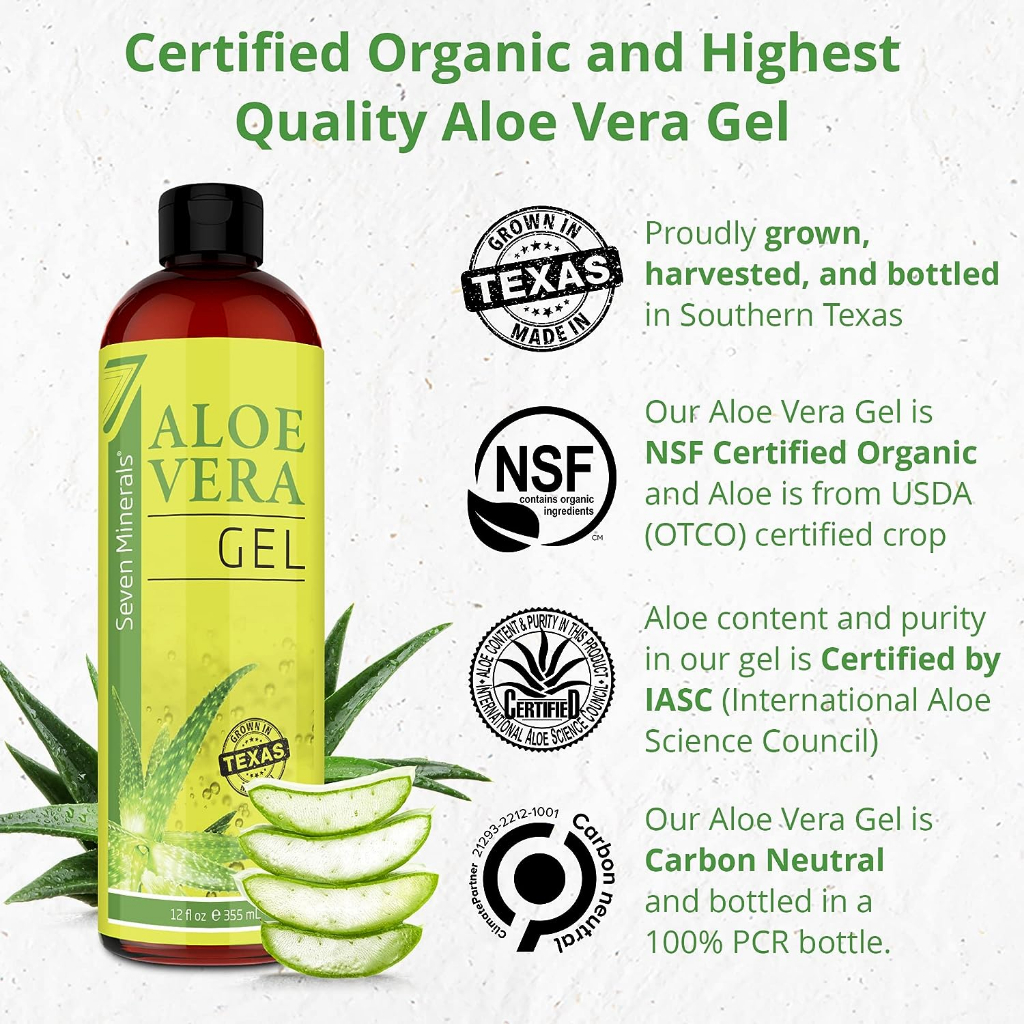 Seven Minerals Organic Aloe Vera Gel from freshly cut 100% Pure Aloe - Big 12oz - HighestQuality, Texas grown, Vegan, Un