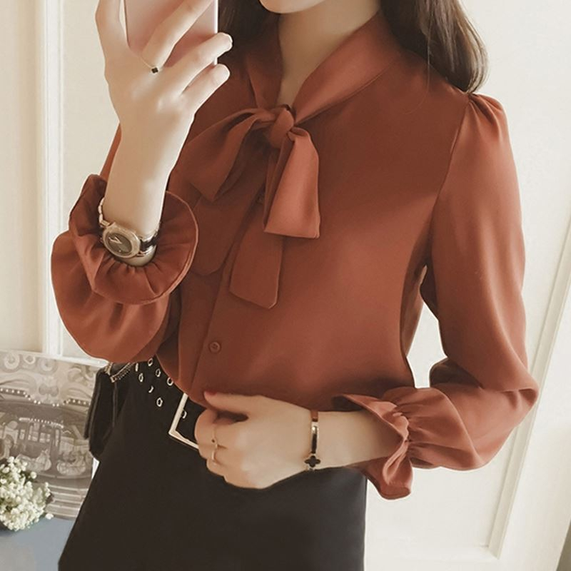 (Stock in KL-039) Women Long Sleeve Blouse Ribbon Top Shirt