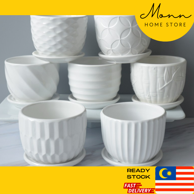 [READY STOCK] MONN White Handmade Ceramic Pot With Tray for Succulent Plants & Flowers | Pasu Seramik Putih