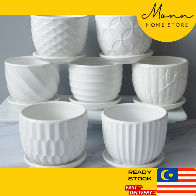 [READY STOCK] MONN White 11 cm Handmade Ceramic Pot With Tray for Succulent Plants & Flowers | Pasu Seramik Putih