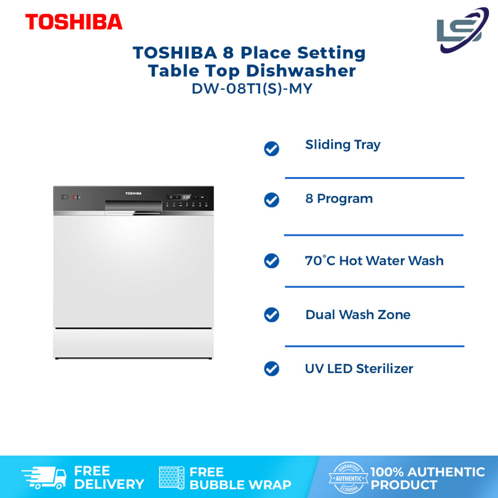 TOSHIBA 8 Place Setting Standing Dishwasher DW-08T1(S)-MY | Self Cleaning For Easy Maintenance | Flexible Rack System