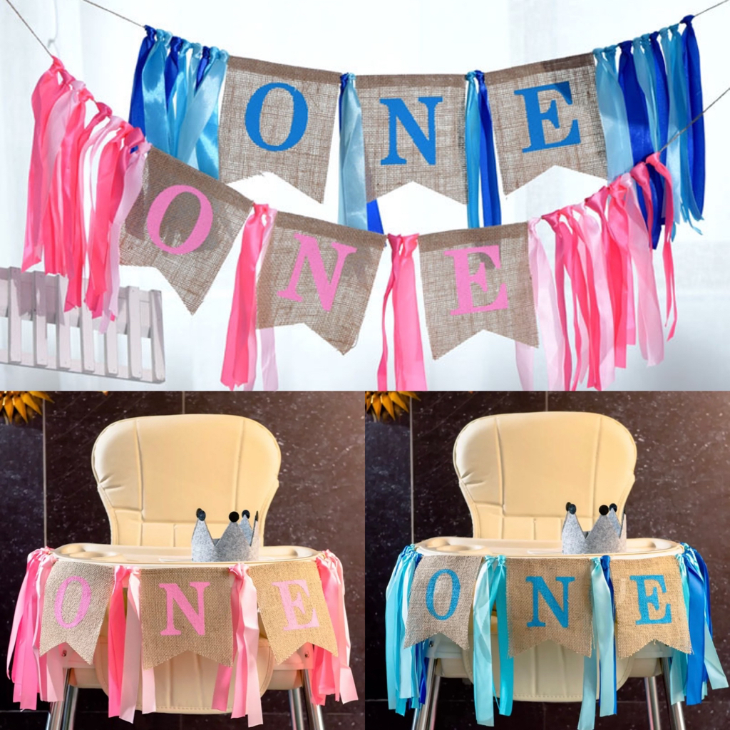 ✨Ready Stock✨One Baby Boy Baby Girl 1st Birthday Baby Chair Flag Burlap Banner High Chair Baby Shower Party Decoration