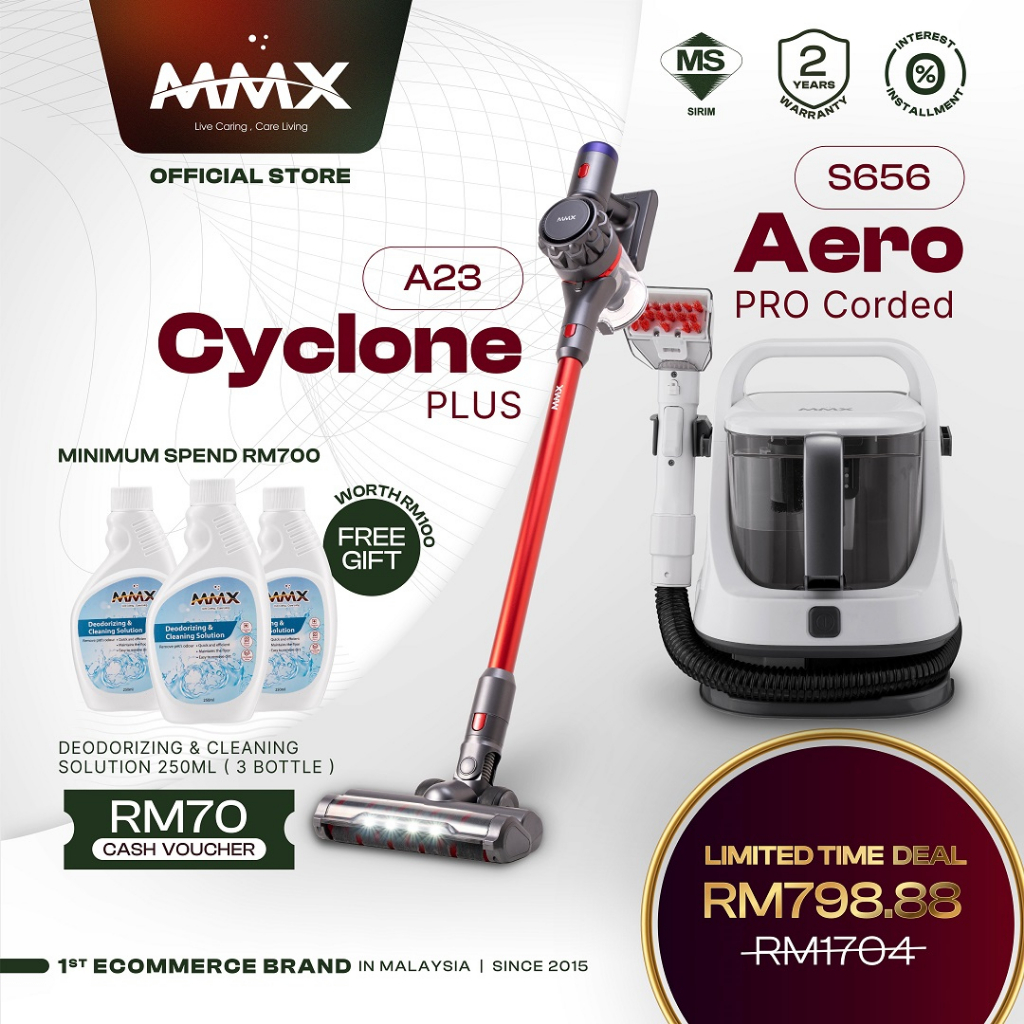 [Combo Set] MMX Cyclone Plus A23 Fast Charge Cordless Vacuum + Aero Pro S656 Corded Fabric & Upholstery Spot Cleaner