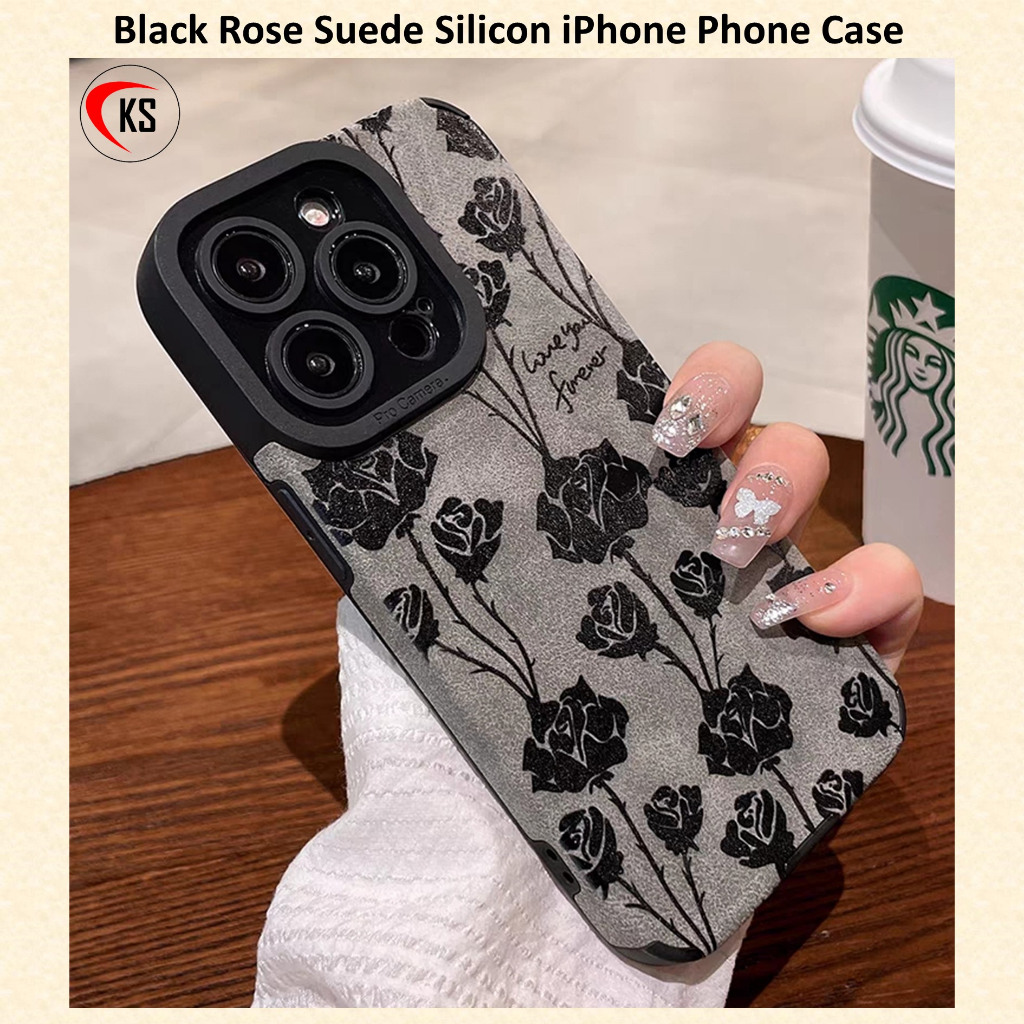 Black Rose Suede Silicon Phone Case iPhone 14 Pro Max 13 Pro Max 12 Pro Max 11 Pro Max